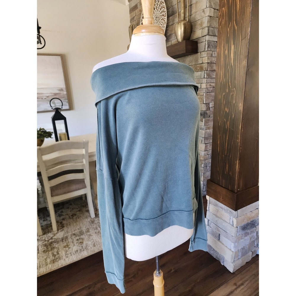 We The Free Free People Women Green Off The Shoulder Cotton Sweatshirt M